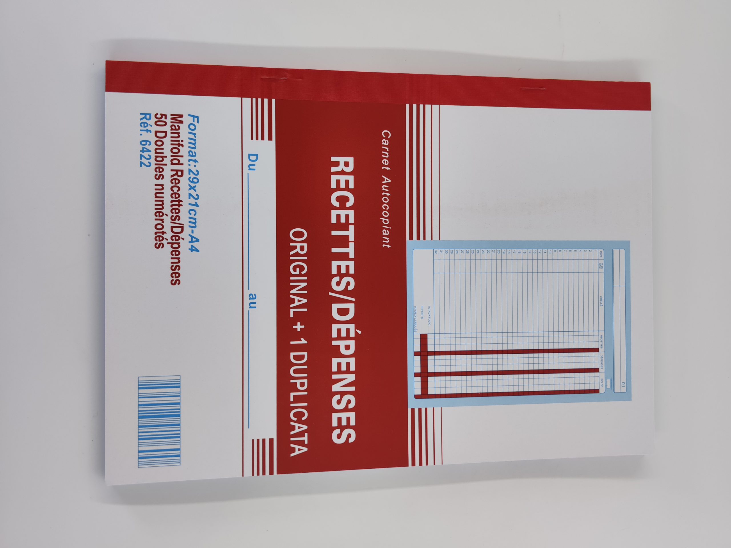 Carnet recette dépense A4 dupli autocopiant de 50 feuilles
